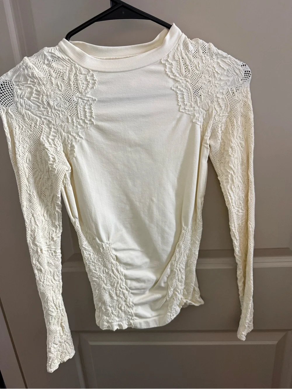 Free People Cream Lace-Inset Long Sleeve Top